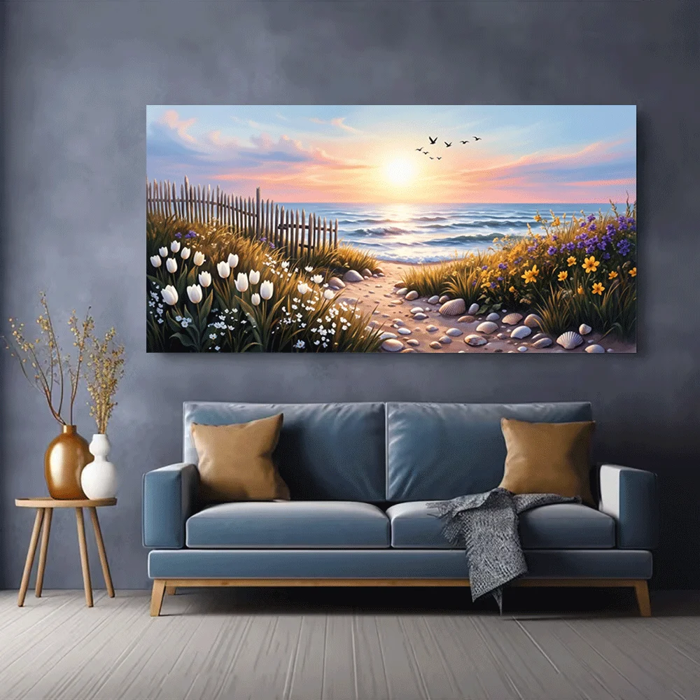 1pc frameless Canvas Painting 1PC-Canvas poster Unframed  Sunset Beach Path Floral Landscape Canvas Art Print  summer