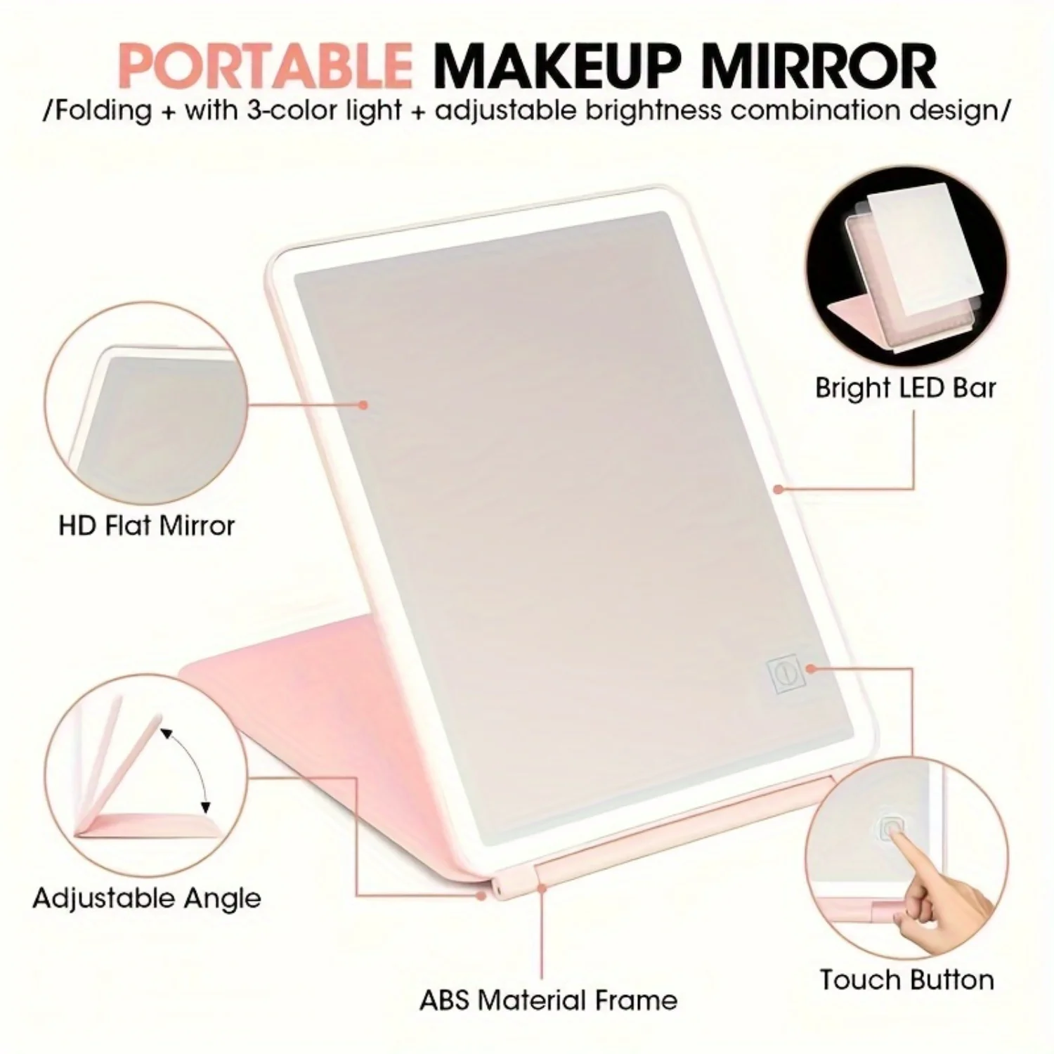 USB Rechargeable LED Makeup Mirror with 3 Colors Lighting, Foldable & Portable - Ideal for Detailed Makeup & Skin Care, Cosmetic