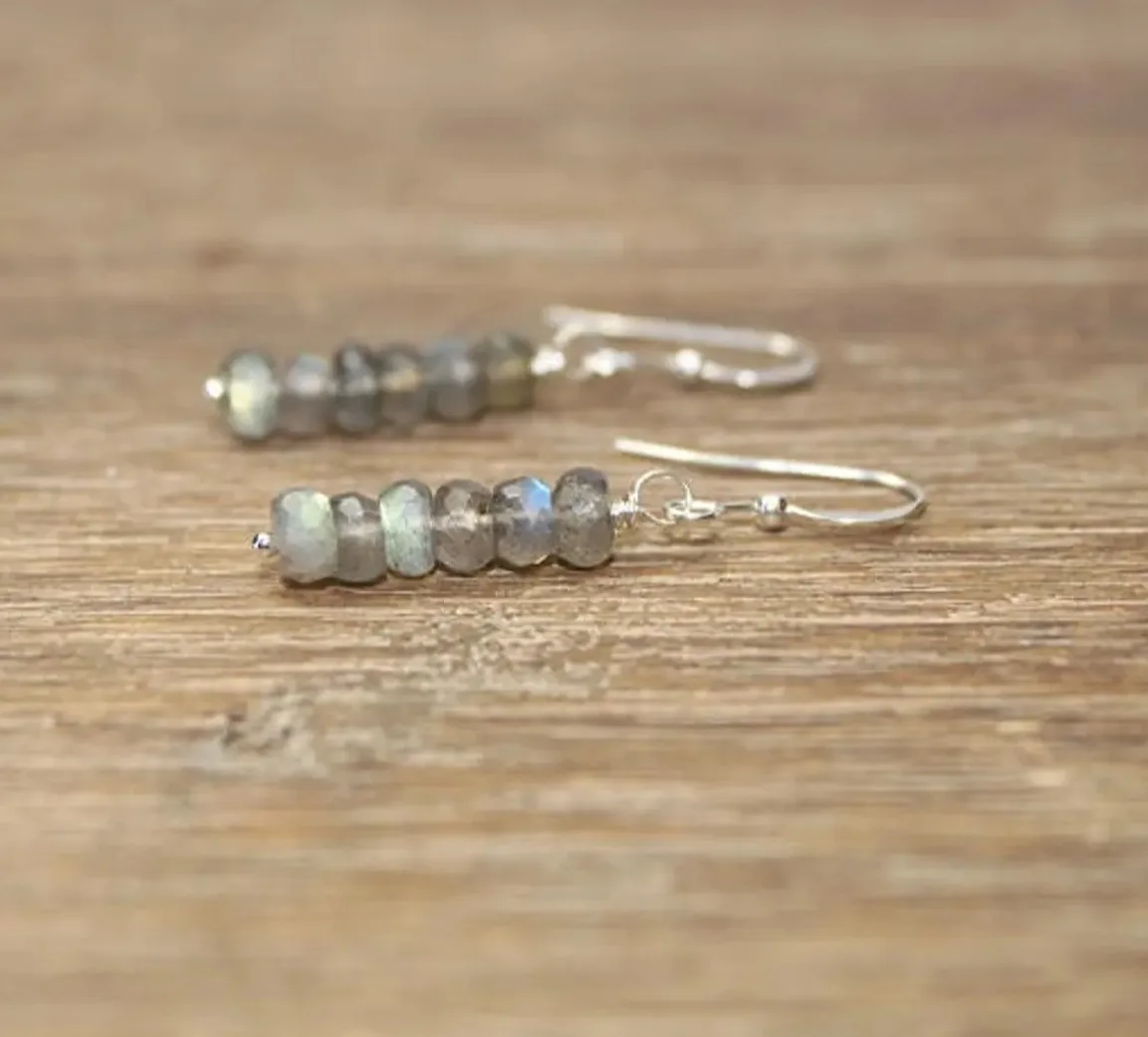 Labradorite Earrings, Labradorite Jewelry, Wire Wrapped,  Dangle, Drop Earrings, Blue Flash, Gray