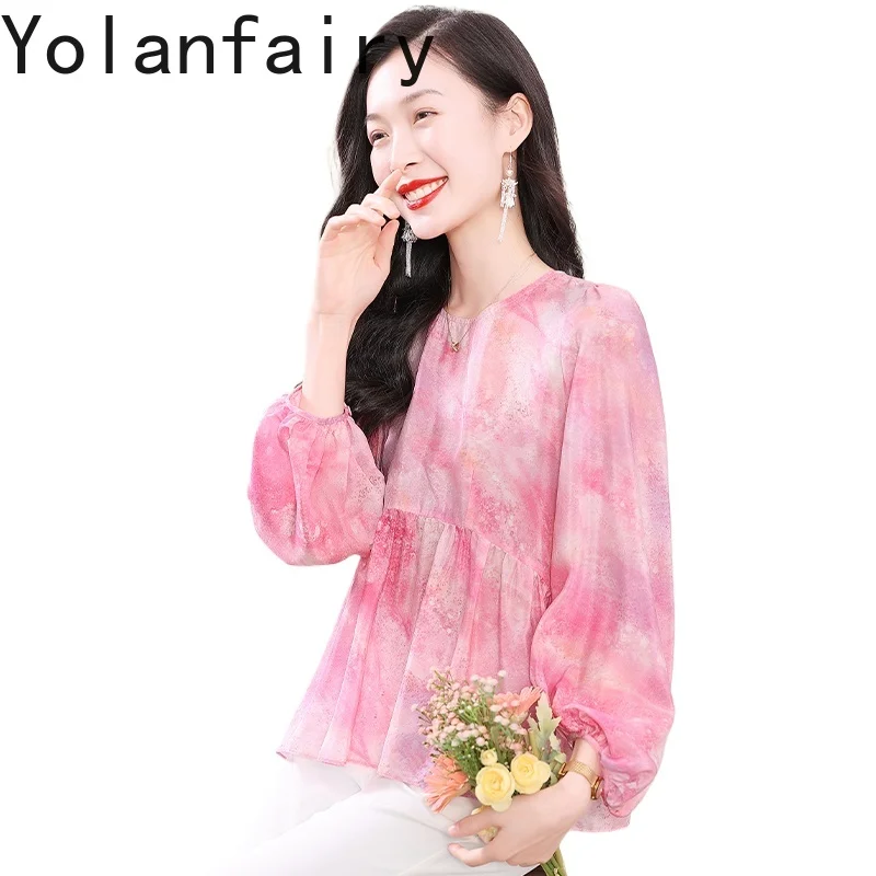 

YOLANFAIRY 100% Natural Mulberry Silk Blouse for Woman 2025 Autumn Sweet Floral Shirts Female Korean Style Ladies Tops Blouses