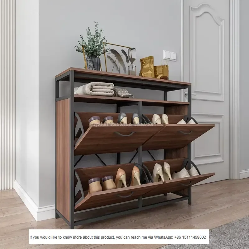 Farmhouse Tipping Drawer Shoe Cabinet Slim Hidden Wooden Shoe Storage Rack with Top Open Shelf for Entryway Hallway
