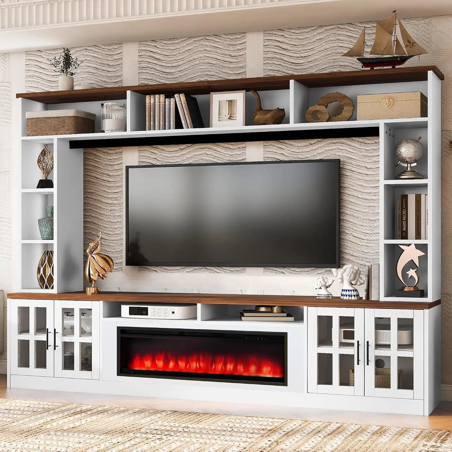 Fireplace Entertainment Center with Bookshelves & Bridge, 95.5