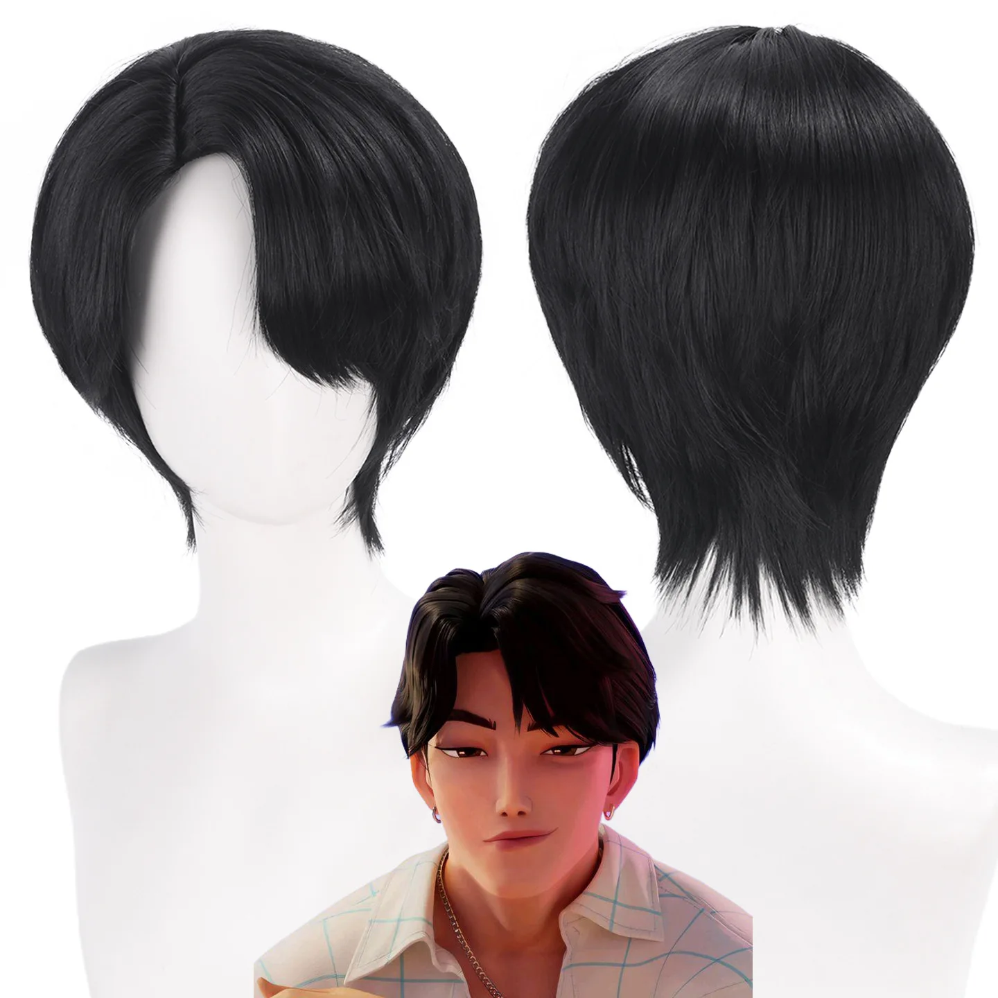 

Synthetic Short Black Wig for KP O Cosplay – Jinu Inspired Scalp Hairpiece, Boy Style, Anime Costume, Party, Heat Resistant