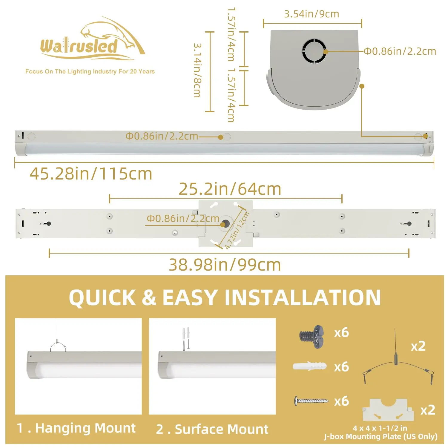 4 Foot LED Linear Strip Ceiling Emergency Light w/Battery Backup, 5000lm 40W 0-10V Dimmable 5000K Shop Ceiling Light Fixture ETL
