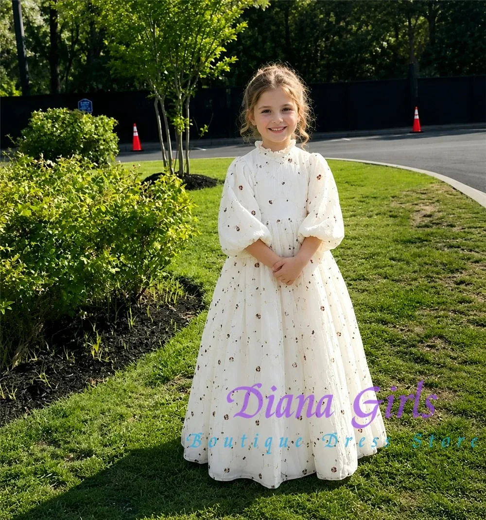 Quality Elegant Flower Girl Dress White Printed Fabric Fluffy Pleated Design for Kids Wedding Birthday Party Evening Ball Gowns