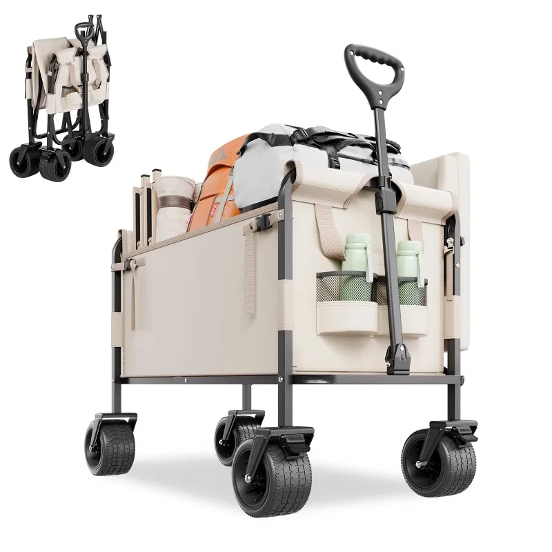 Collapsible Folding Wagon 550lb Load & 220L Wagon Cart Converts to Bench Utility Wagon with Adjustable Handle for Camping