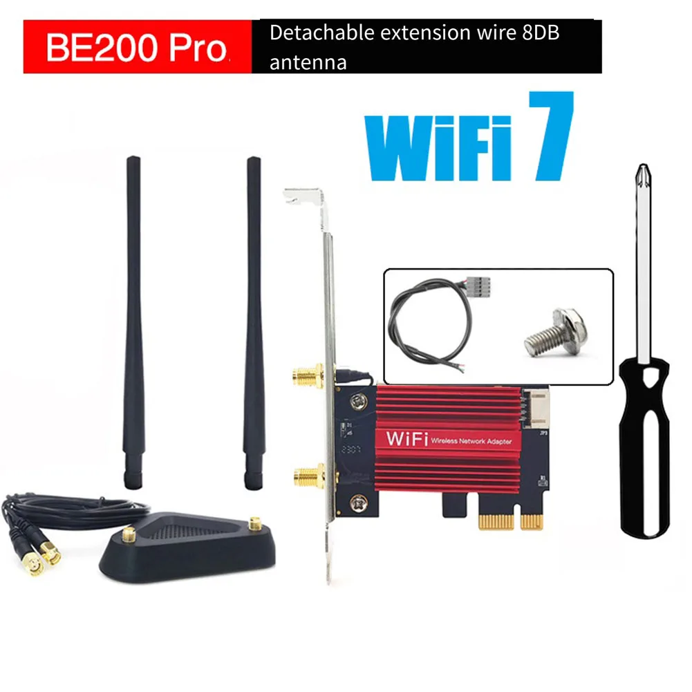 WiFi 7 BE200 Pro Pcie Wireless Network Adapter+8DB Antenna BT5.4 Tri Band 2.4G/5G/6GHz BE200 WiFi Card for Win11 Linux