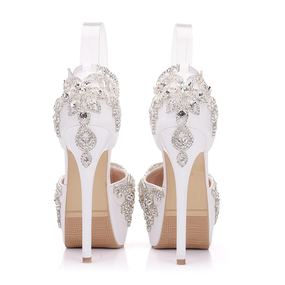 Spring round toe hollow pearl rhinestone waterproof table wedding shoes banquet large size thin high-heeled women's sandals