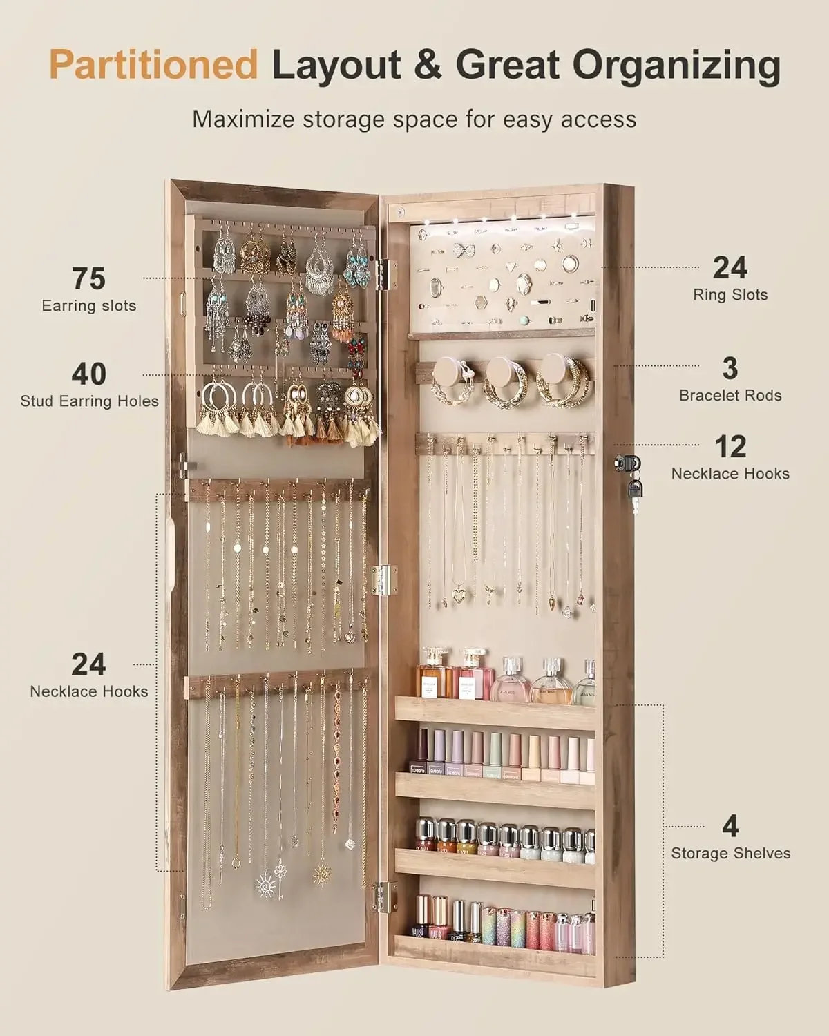 6 LEDs Mirror Jewelry Cabinet, Large Capacity Lockable Jewelry Armoire Organizer, Door or Wall Mounted Mirror with Jewelry Stora