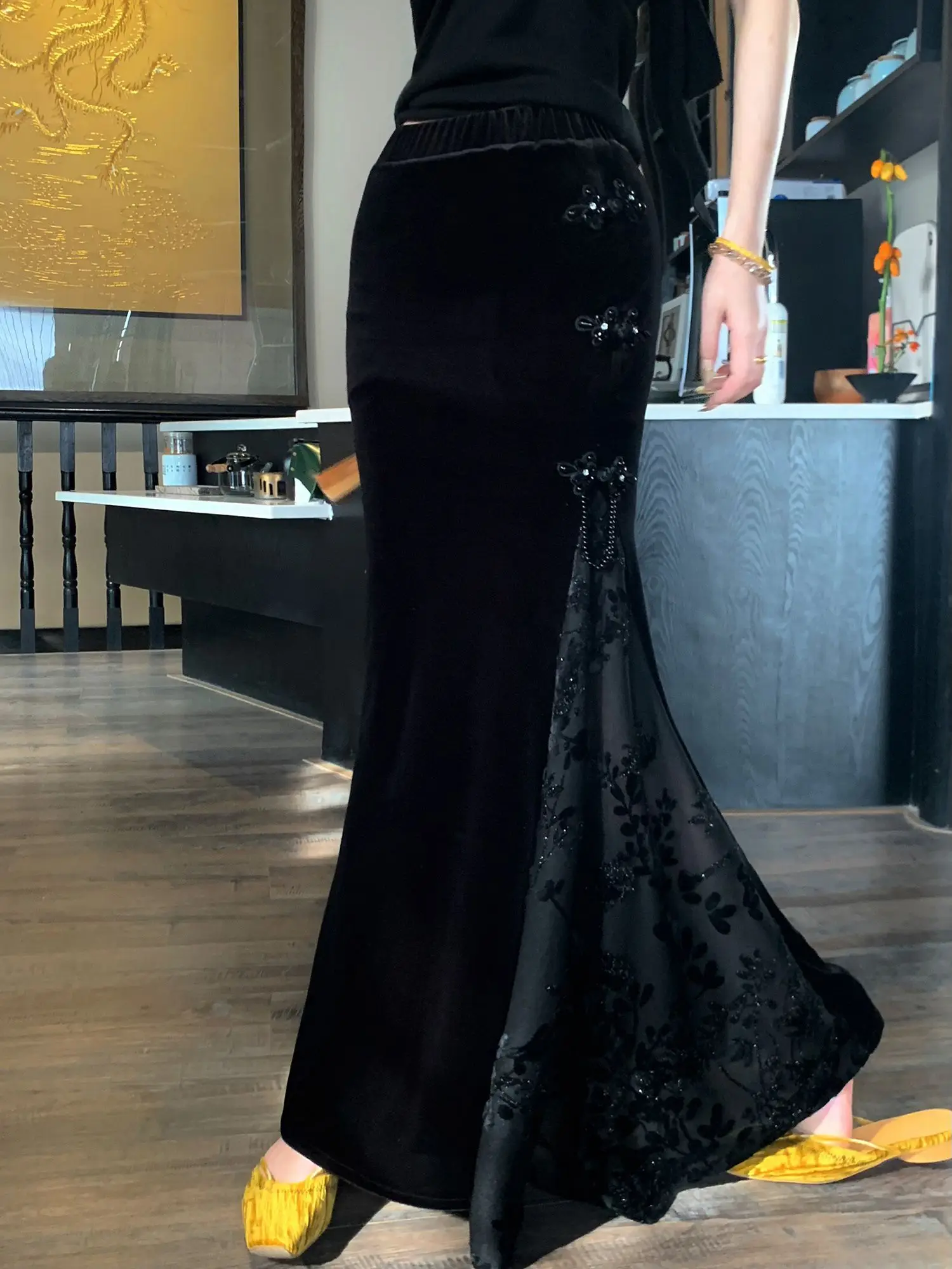 Jupes de Style chinois noir doux Vintage jupe femmes longues jupes droites en queue de poisson pour femmes taille haute haute rue automne TS533