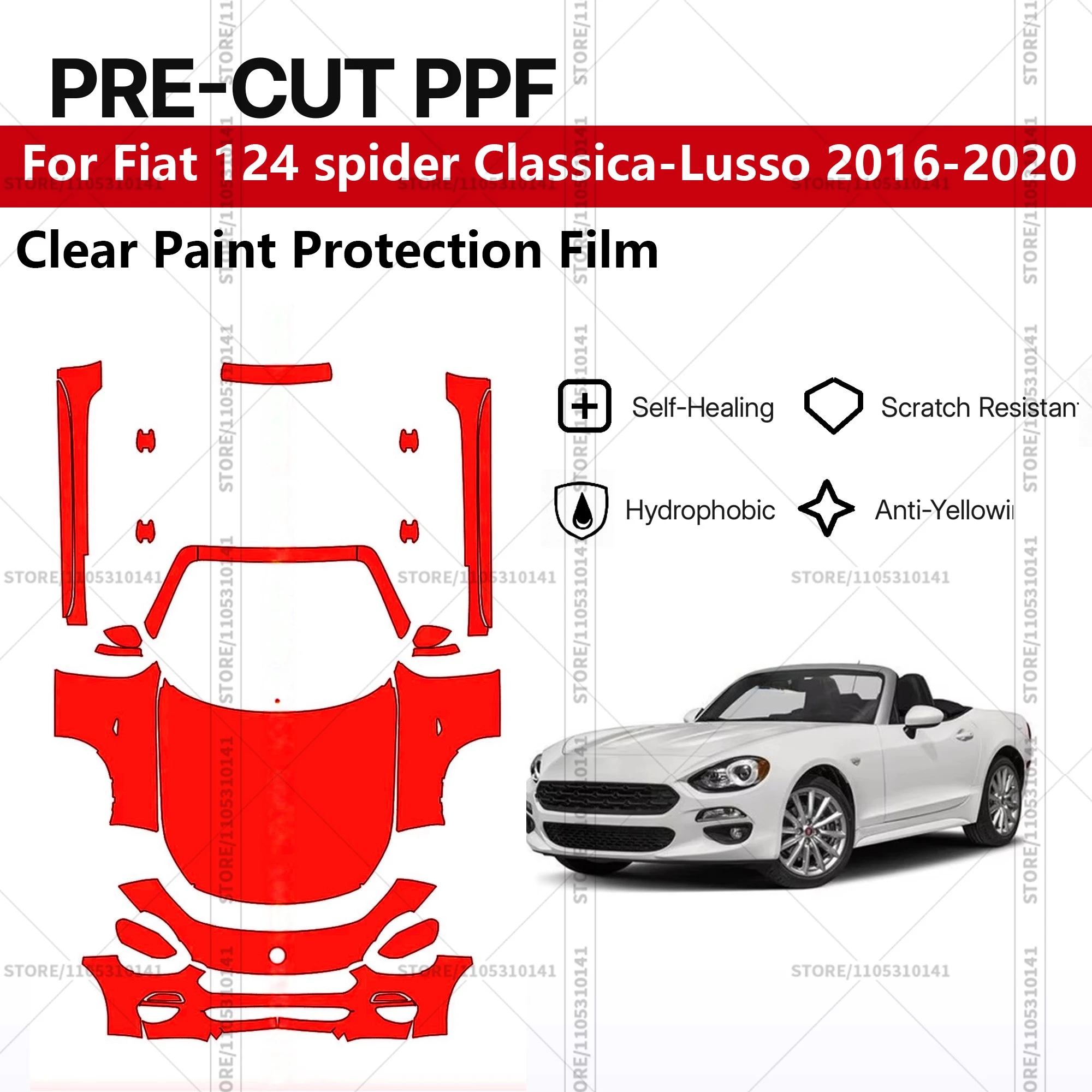 

Для Fiat 124 Spider Classica-Lusso 2016-2020: Профессиональная прозрачная защитная пленка (PPF) для автомобиля, предварительно вырезанная, для защиты лакокрасочного покрытия.