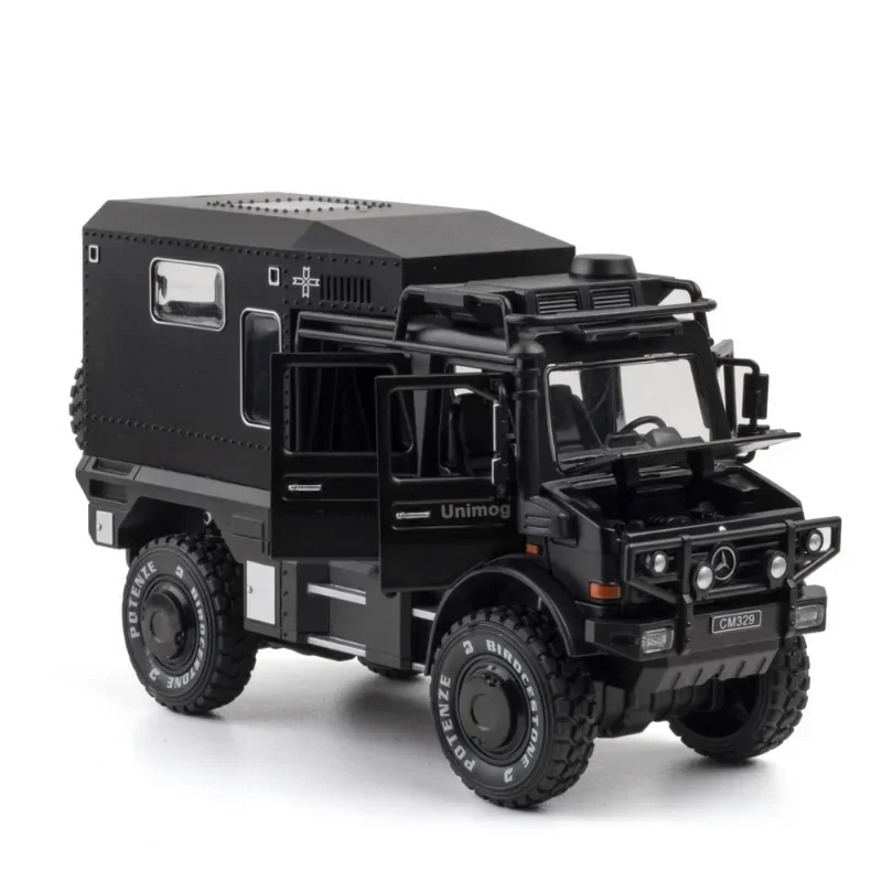 Diecast 1:28 scala Benz Unimog RV modello di auto fuoristrada veicoli giocattoli bambini ragazzi regalo suono e luce Voiture in miniatura