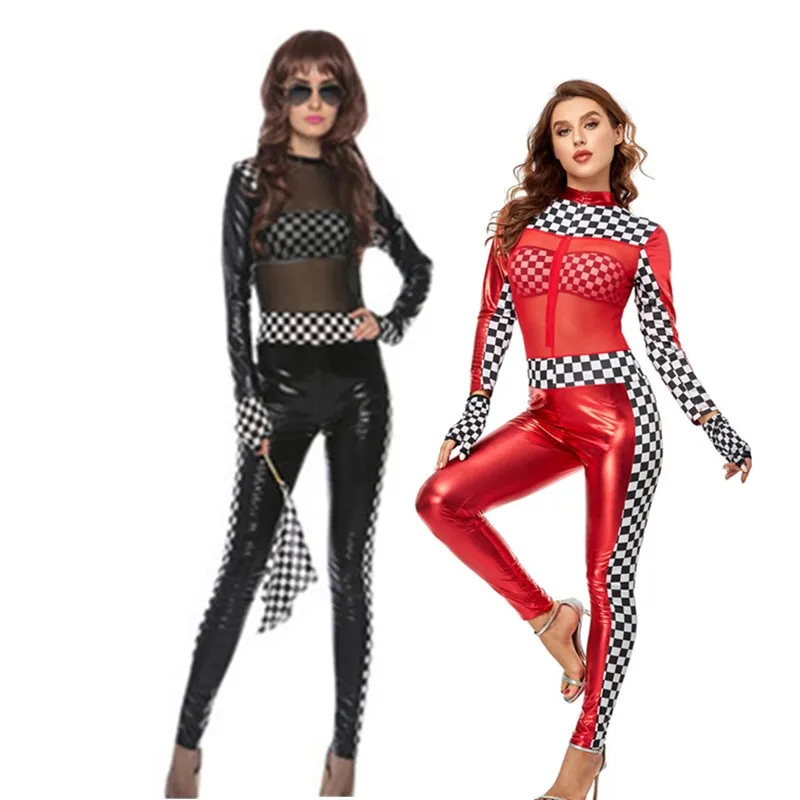 

Halloween Wetlook Leather Race Car Driver Cheerleading Cosplay Costume Carnival Party Racer Girl Cheerleader Uniform Jumpsuit
