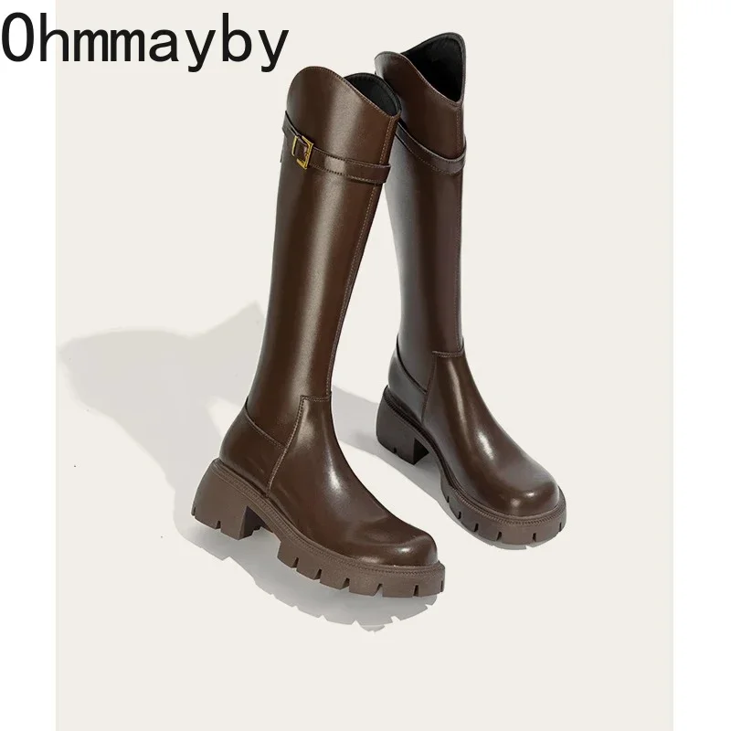 Fur Lining Women Knee High Boots Fashion Knight Long Booties Square High Heels Autumn Winter Warm Short Plush Shoes