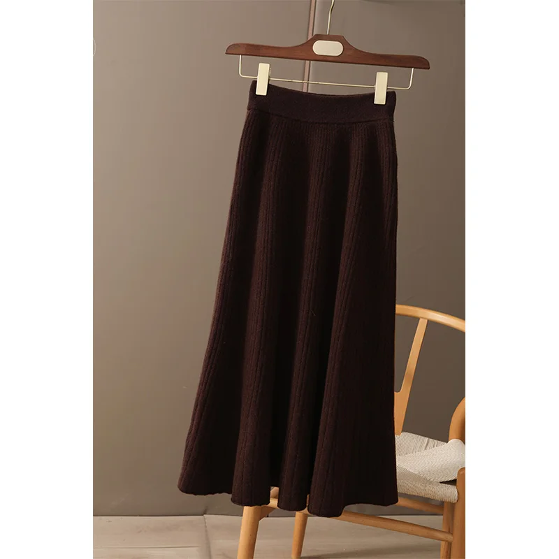 Pure Wool Skirt Women\'s High Waist Solid Color Striped Loose Slim Knit Skirt Casual Simple Joker Cashmere Skirt