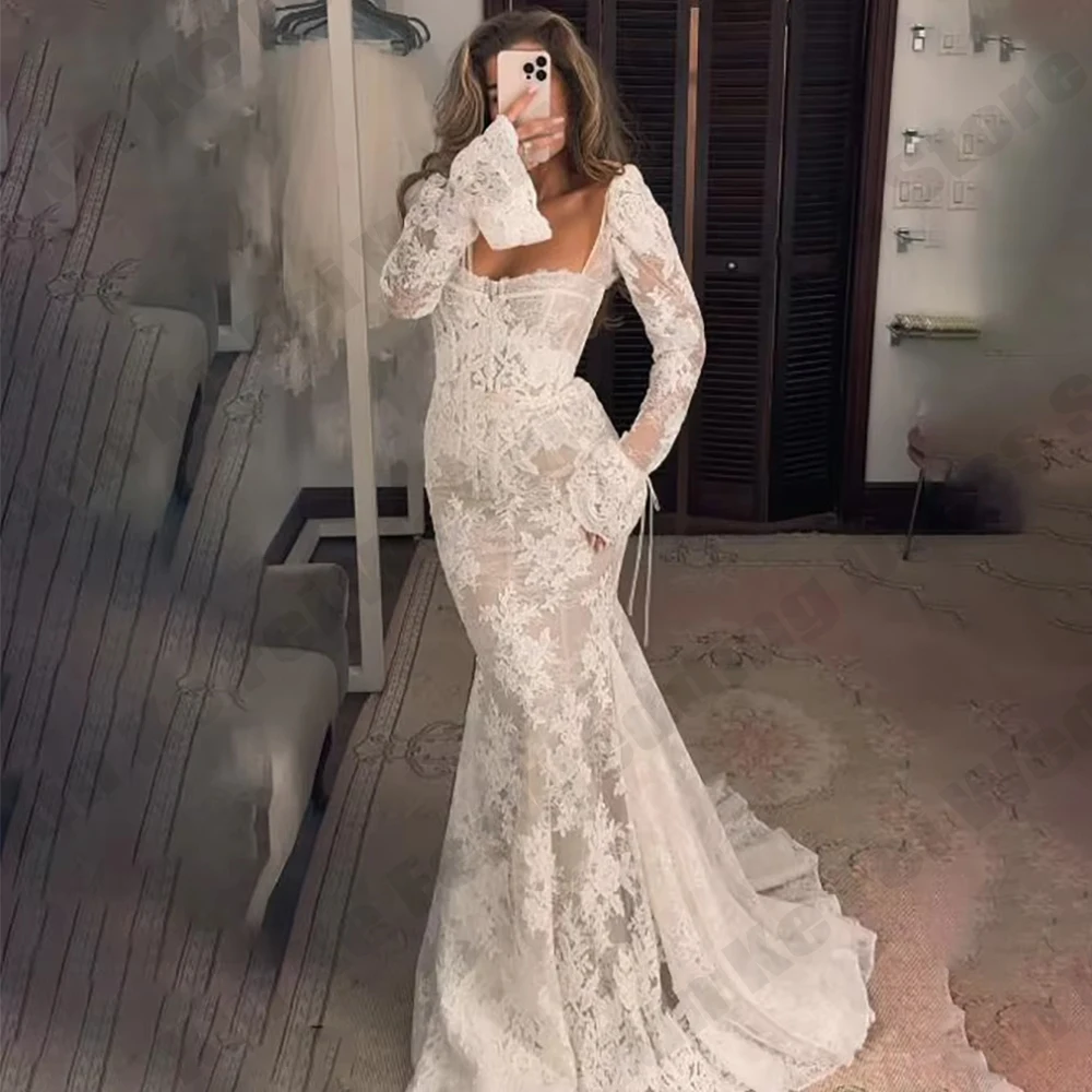 2026 Spitzen-Meerjungfrauen-Brautkleider mit langen Ärmeln, eckigem Ausschnitt, Applikationen, Brautkleid, Hochzeitskleid, Vestidos de Novia, personalisiert