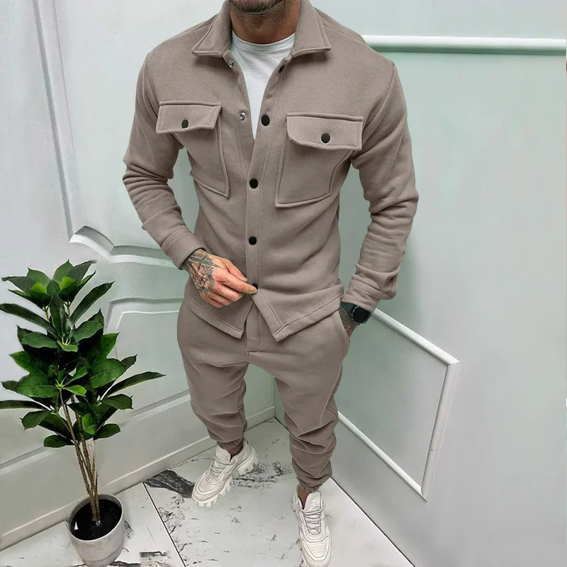 2024Spring and Autumn Men\'s New Casual Jacket Suits Hot Sale Solid Color Suede Pocket Long Sleeve Trousers Two-Piece Set