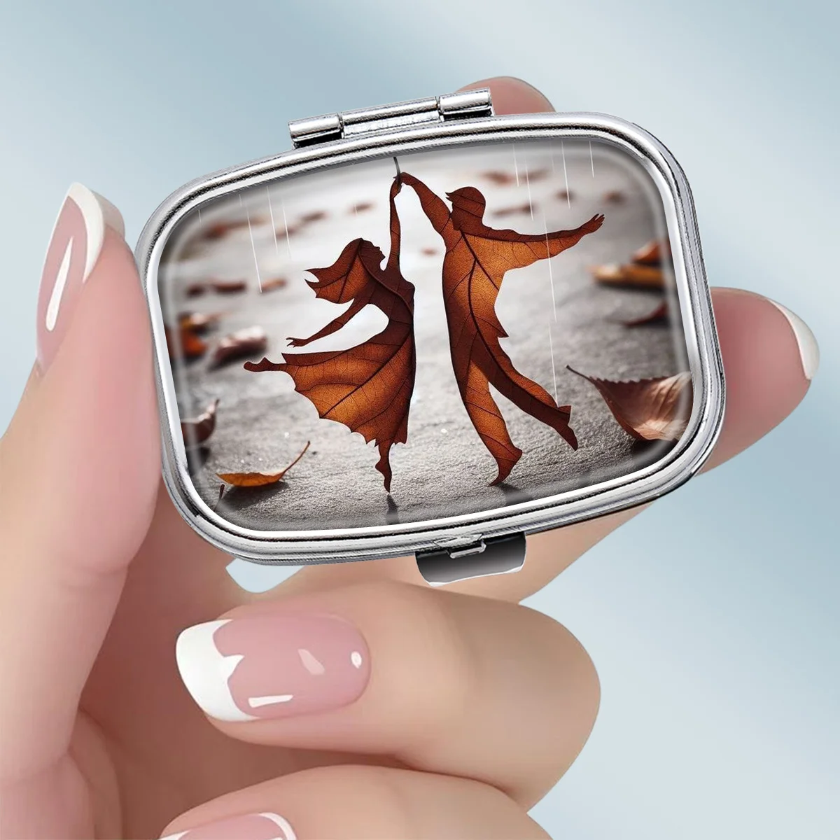 Compact 2-Compartment Square Metal Pill Box, Autumn-Themed Small Pill Box, Portable Decorative Vitamin Storage Box, or a Unique Gift for Your Wallet