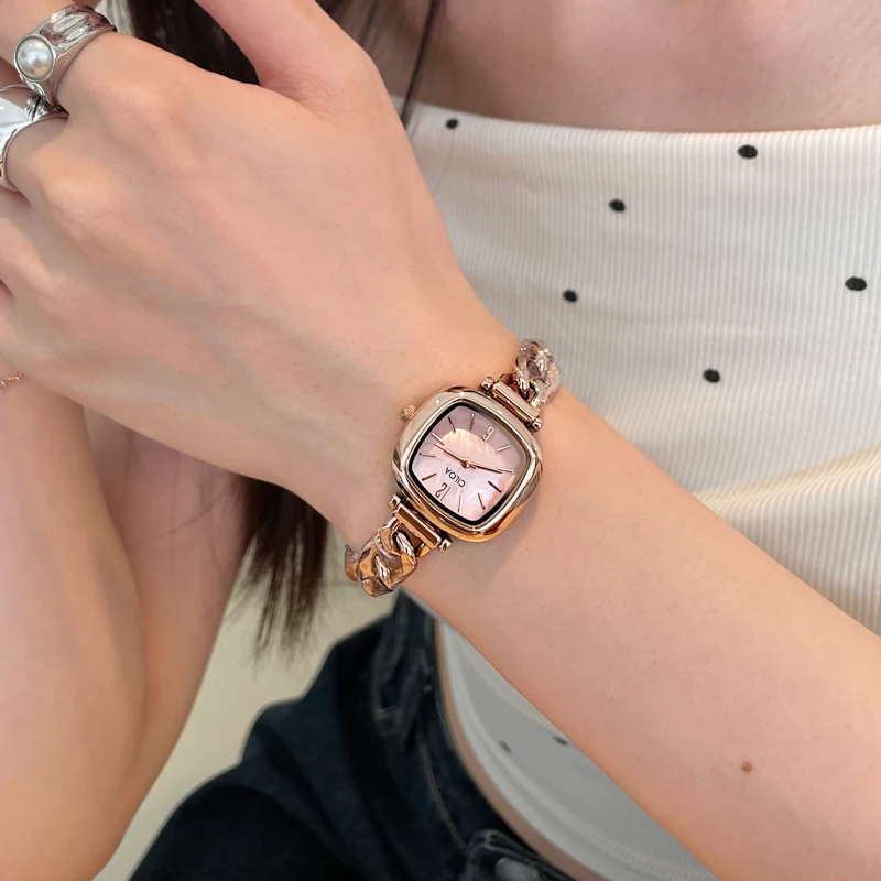 CILOA Retro Sugar Square Women's Watch, Caramel Brown Gradient Dial, Metal Chain Elegant Commute Quartz Wristwatch
