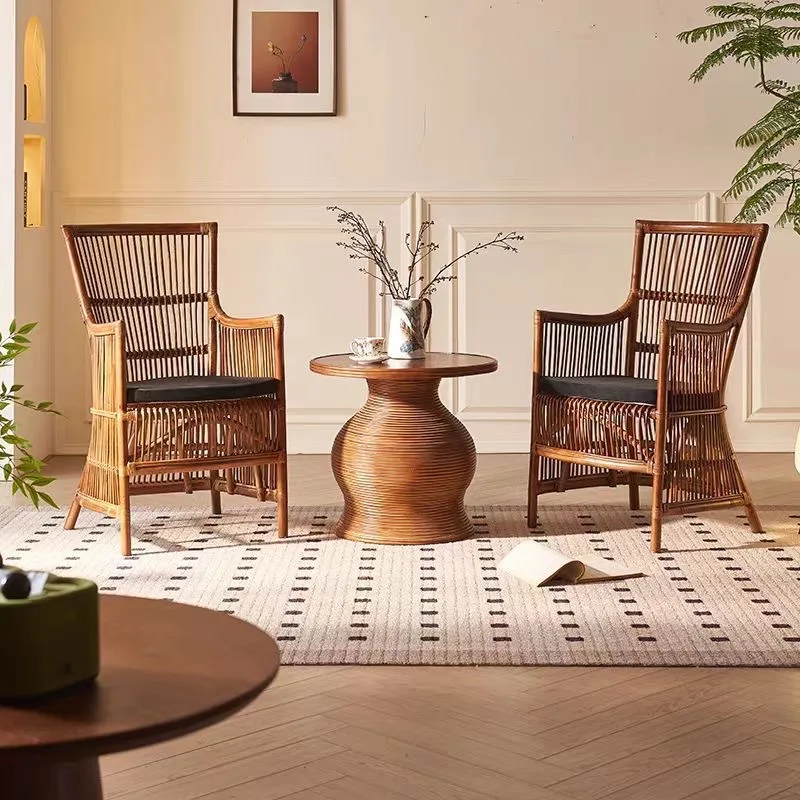 Vintage rattan chair, natural Indonesian rattan woven home leisure chair, medieval wabi-sabi back chair 3