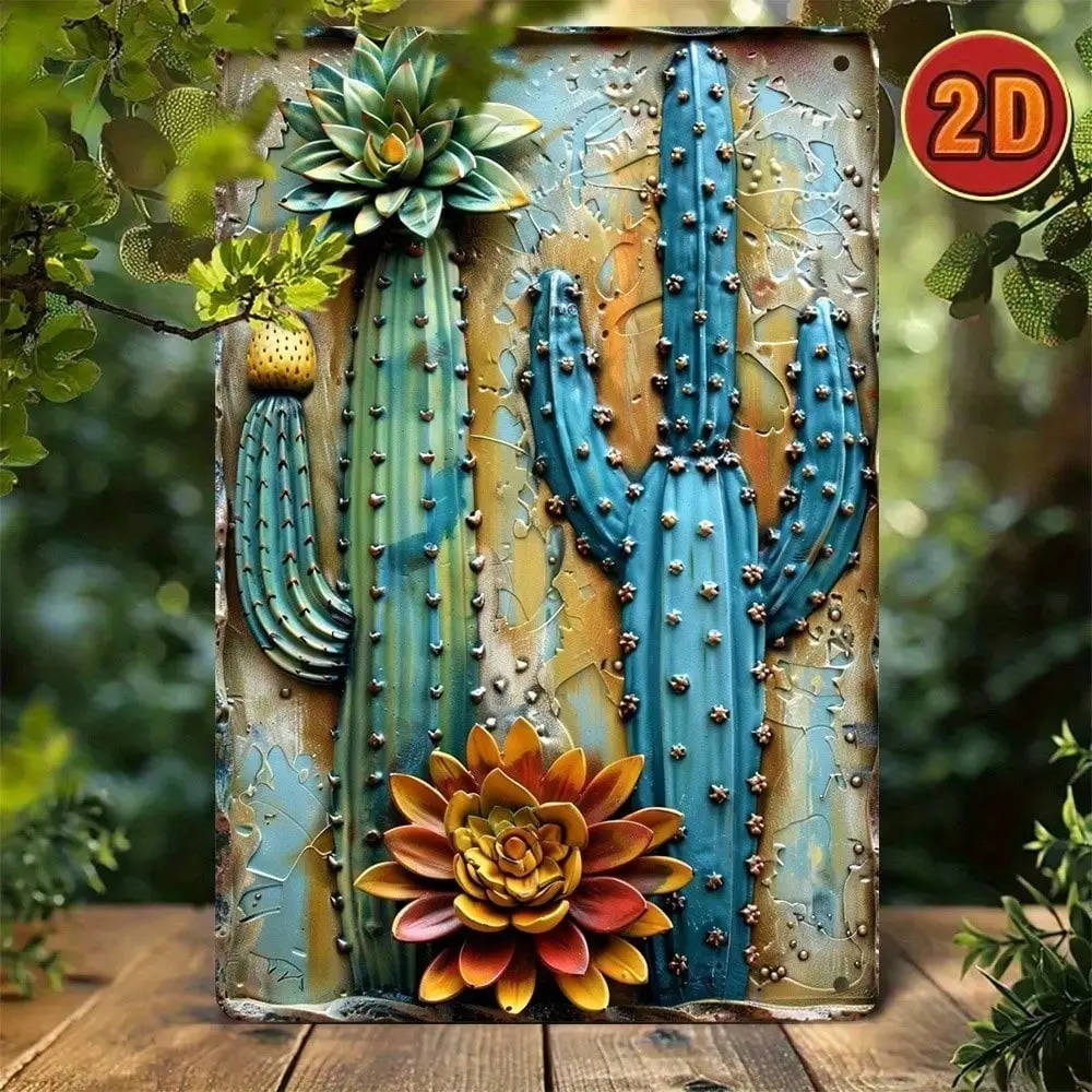 فن جداري معدني عصاري على شكل صبار عتيق - تصميم لافتة ساحة حديدية، متعدد الأغراض لديكور المنزل/المطبخ/الفناء #2