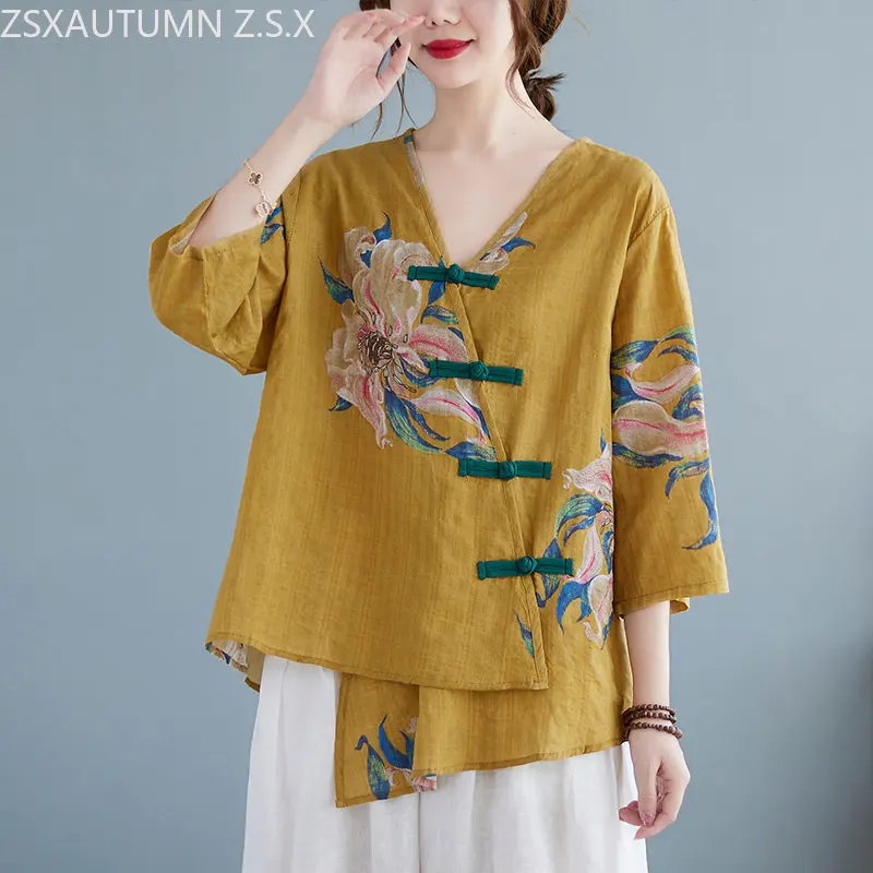 China Cotton Linen V Neck Tops Women Traditional Tang Suit Blouses Chinese Style Harajuku Irregular Printing Vintage Shirt Hanfu