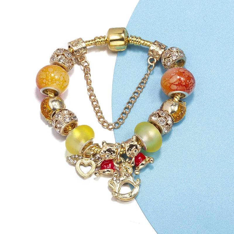 Gold Color Bear Tangerine Beads Charm Bracelets Fits diy Fashion Brand Bracelet Bangles For Women Bijoux Pulseras Jewelry Gift