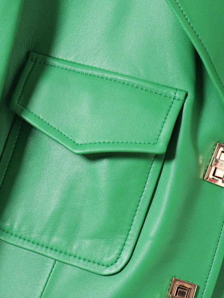 Büro-Damen-Kurzjacke aus echtem Leder, Anzugkragen, Knopftasche, modisch, hochwertig, grün, lange Ärmel, Schaffell-Oberbekleidung