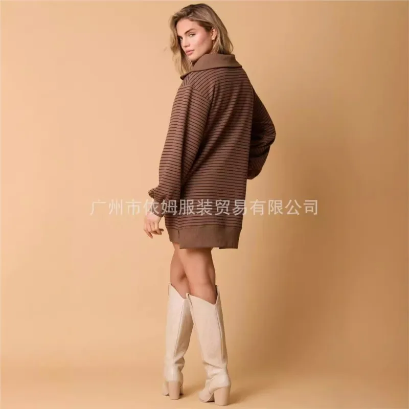 Abito ampio Stile semplice Abiti a righe 2025 Donna Risvolto Moda Casual Pendolarismo Homewear Abbigliamento per la casa Maniche lunghe