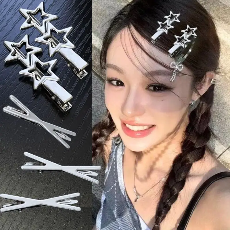 

8pcs/set Metal Silver Hair Clips Korean Y2K Hairpin Barrettes Spicy Girl Bang Side Clip Hair Accessories Geometric Duckbill Clip