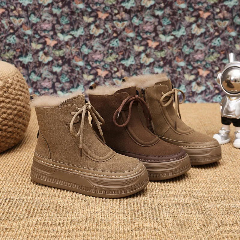 

2025 Women's Fake Fur Lined Platform Boots Winter Warm Non-Slip Snow Ankle Booties Outdoor Waterproof Shoes