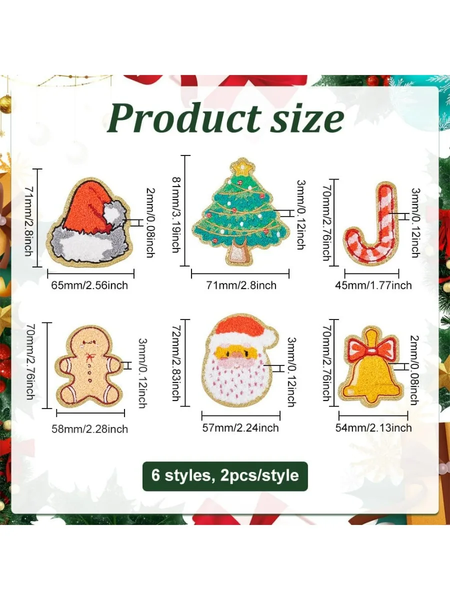 12Pcs 6 Style Christmas Theme Towel Embroidery Cloth Patches Self Adhesive Crochet Applique Patches Gingerbread Man Santa Claus