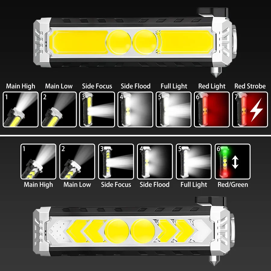 Portable Working Flashlight Magnetic Handheld Lamp w/ Window Breaker Clip & Hook Waterproof Light Torch for Outdoor Emergencies