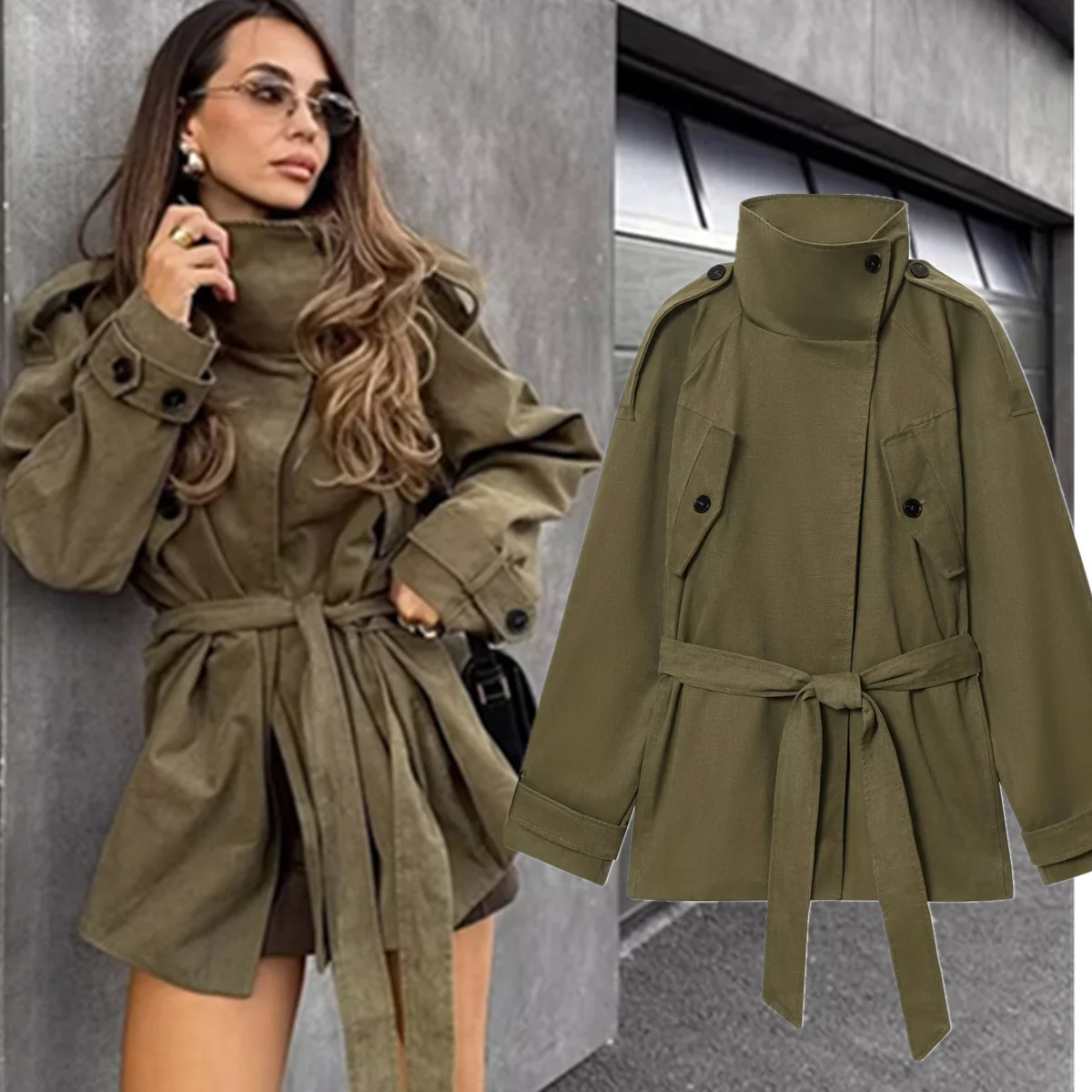 Maxdutti Autumn Winter Women's Jacket,Woman Clothes Ropa Mujer Minimalist Army Green Trench Coat With Waist-fitting Windbreaker