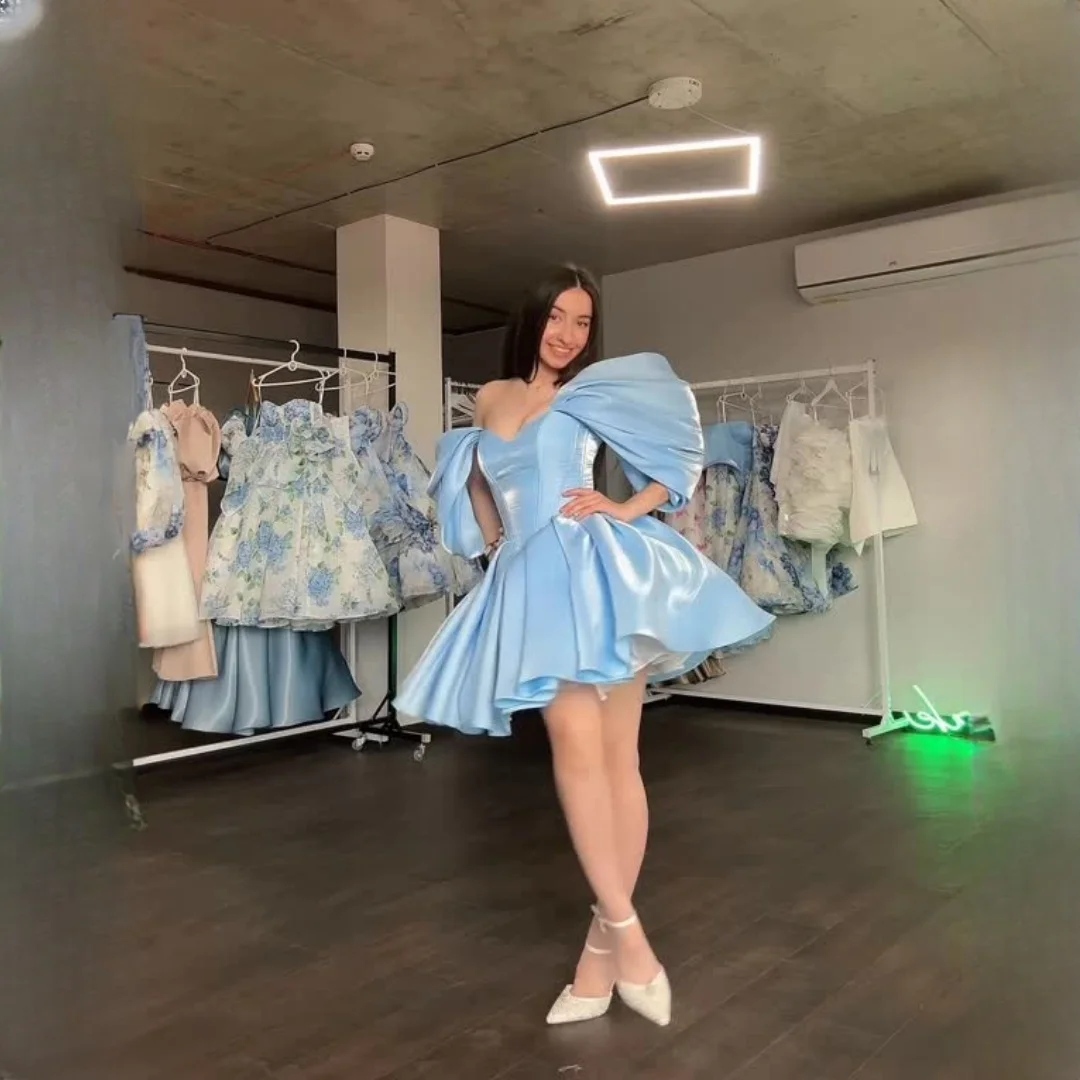Mini Shiny Blue Evening Dress Sweetheart Ruffle A-line OFF Shoulder Princess Prom Dress Short Caocktail Dress Customized