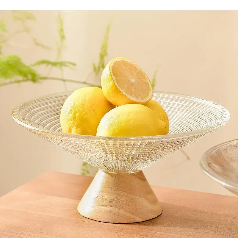 Glass Fruit Plates Snack Candy Trays Wooden Base Home Kitchen Tabletop Simple Tableware High Feet Tray Accessories