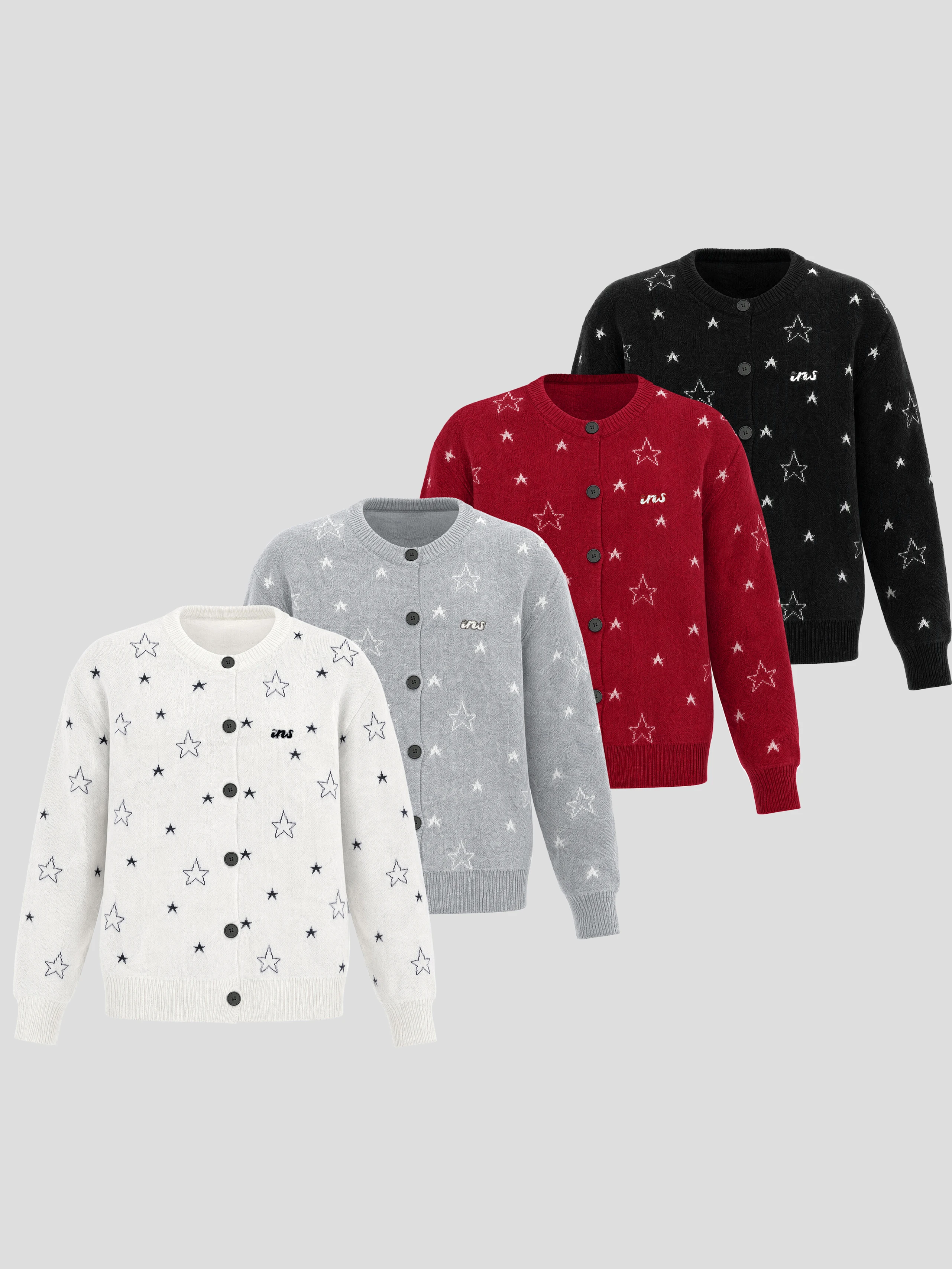 INSstudios American Style Star Embroidered Knitted Open Cardigan Sweater Loose Fit Autumn Winter Button up Outerwear