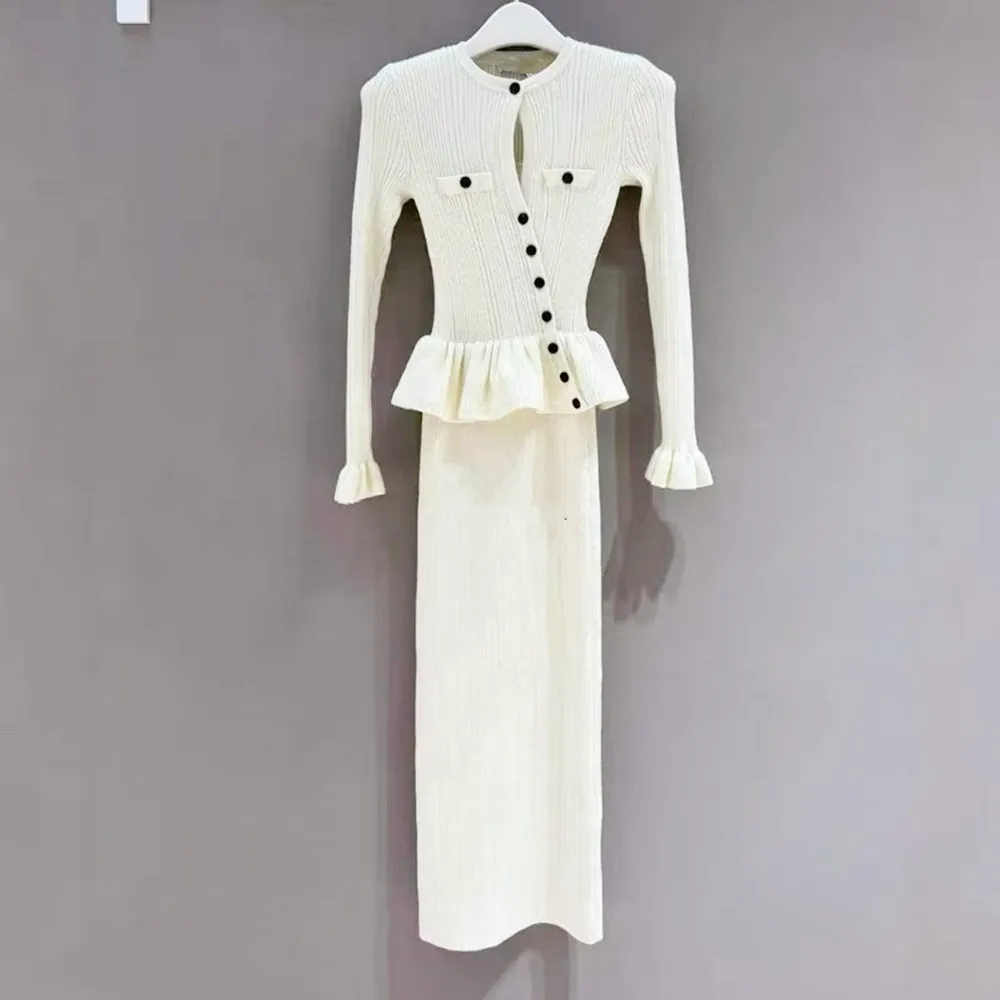 Ele Gebreide Lange Sve Dr Ivory High-End Versie Commute Ci Dames Faion Straight Cut A-lijn Dr Enkele Knop