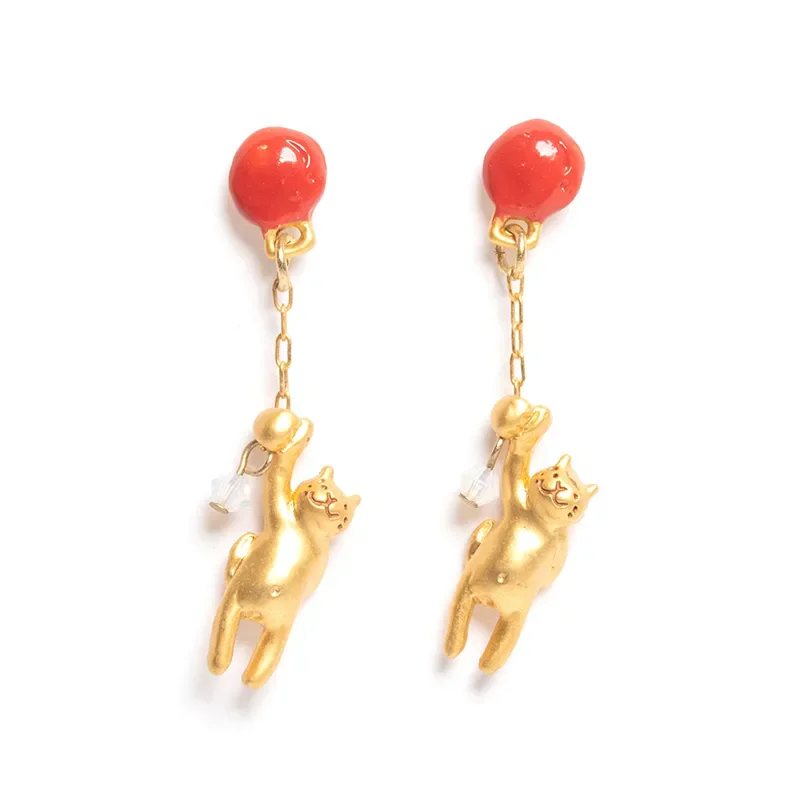 

French Luxury Gold Color Imitation Ruby Balloon Q-version Cat Earrings Women's Fun Cute Birthday Gift Earrings for Good Friends