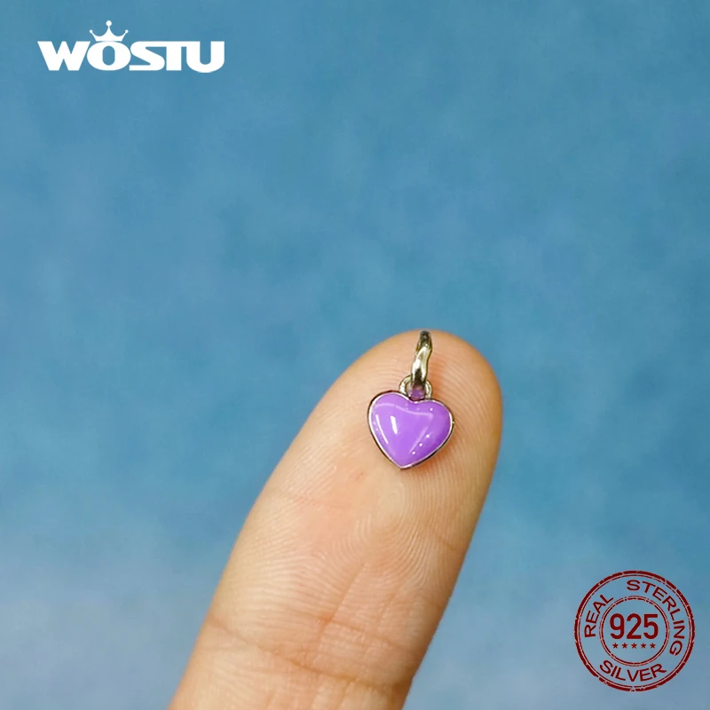 WOSTU 925 Sterling Silver Mini Colorful Heart Pendent Round Spacer Charm Beads for Women Fit Original DIY Bracelet Jewelry Gifts