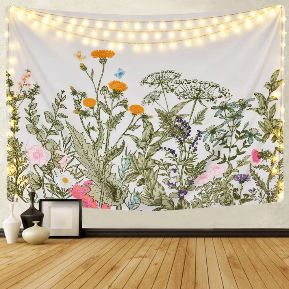 

Красочный гобелен с цветами и растениями, винтажный настенный декор с травами, гобелены с дикими цветами, декор для гостиной, настенное покрывало, ткань для декора стен