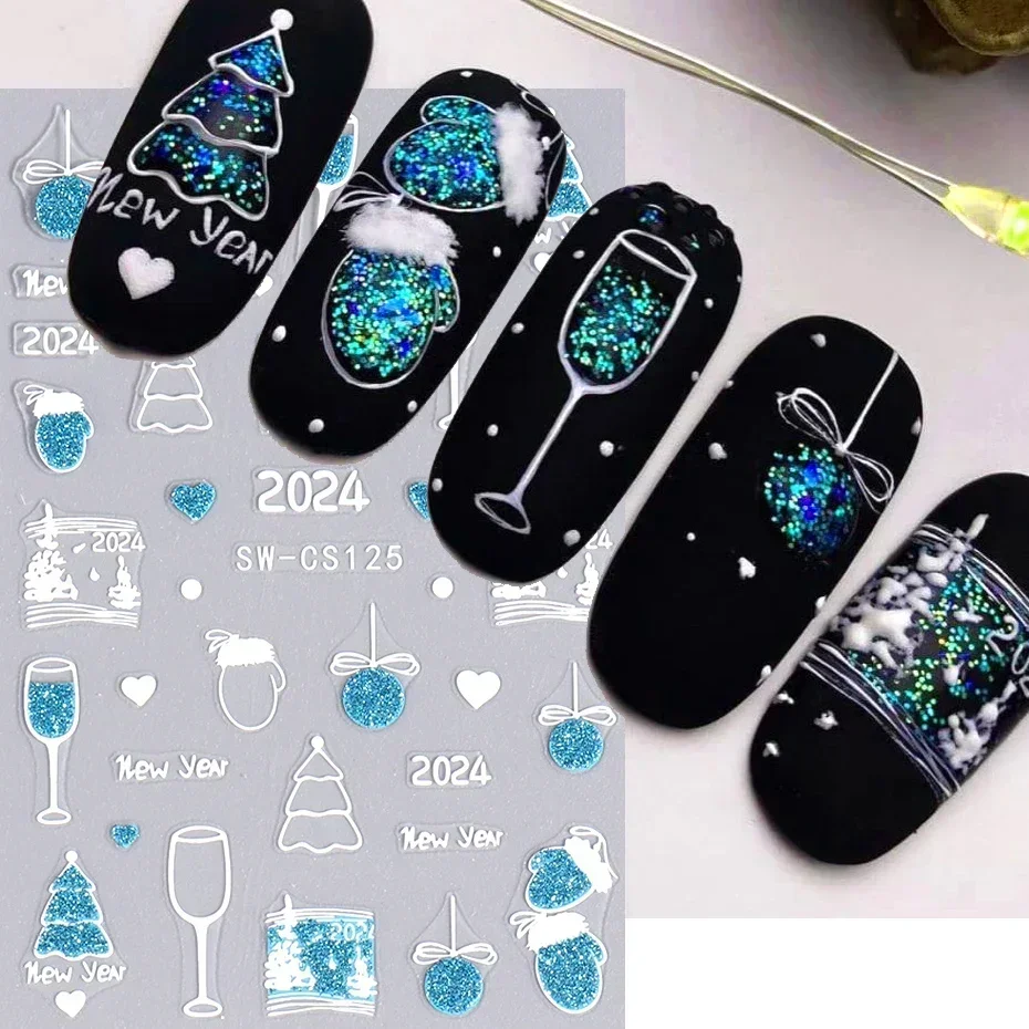 Nieuwjaar Nagelstickers 2025 Countdown Klok Ontwerp Champagne Kerstballen Glanzende Glitter Sliders Nagels Star Bow Bell Stickers Manicure