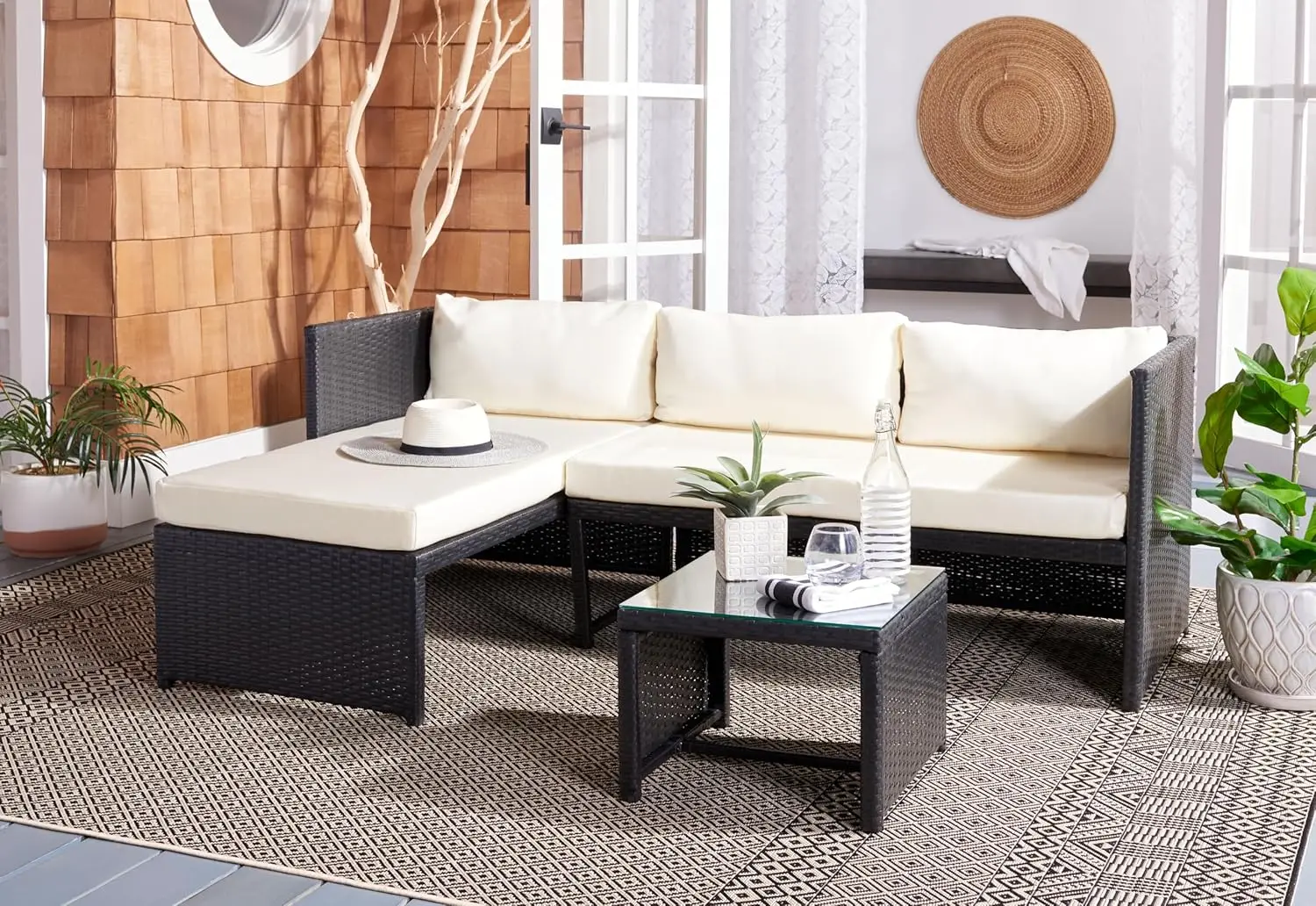 

Outdoor Collection Bronson Black Rattan/Beige Cushion 3-Piece Patio Backyard Sectional Sofa Set