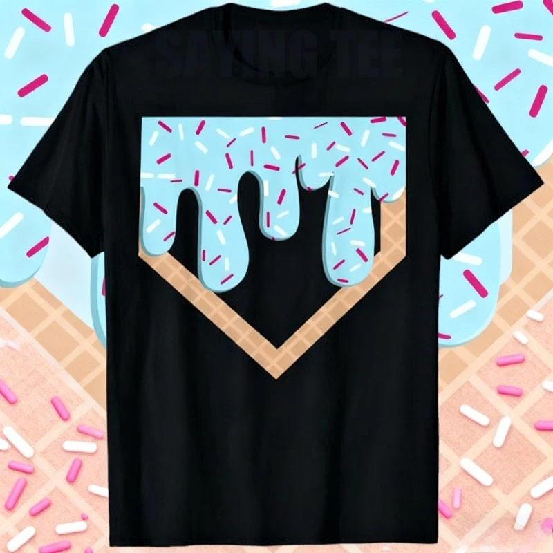 

2025Summer Ice Cream Dripping Baseball Home Plate Drip Baseball-Drip Softball Graphic Outfit 100% Pure Cotton Printed T-shirt