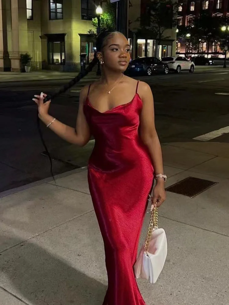 Sólido cetim estilingue maxi vestidos femininos moda elegante sem mangas fora do ombro sem costas vestidos de cintura alta 2025 senhora roupões de festa