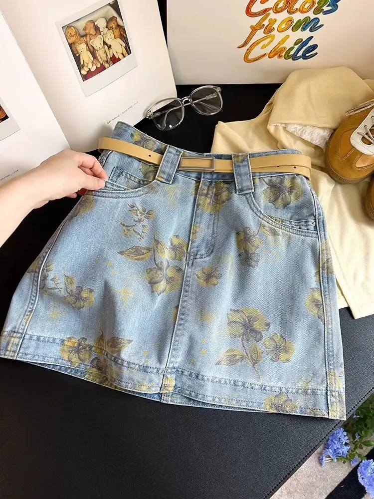 

Women's Blue A-line Mini Denim Skirt Vintage 2000s Flower Print Jean Skirt Harajuku Korean Style Y2k Short Cowboy Skirt Summer