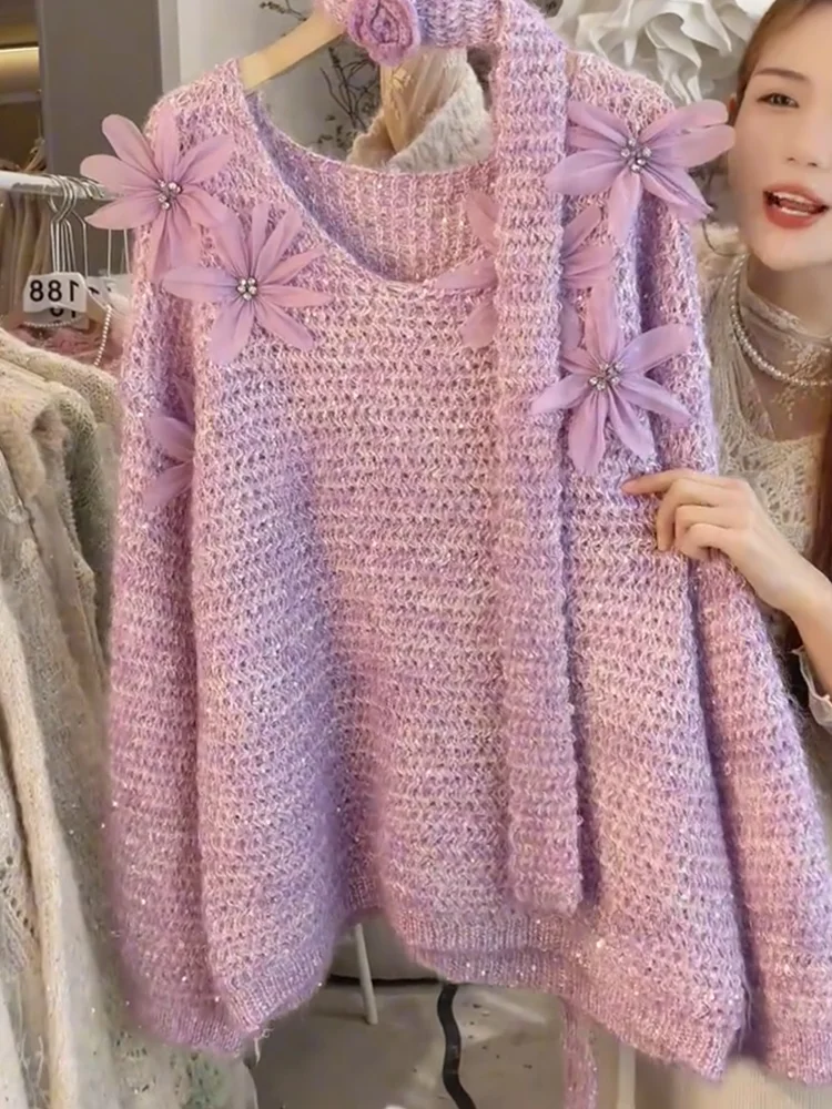 

Ele V-ne Knitwear with Embedded Diamo Floral Design Casual Top for Women Autumn New Arrival plus Size Comfortable