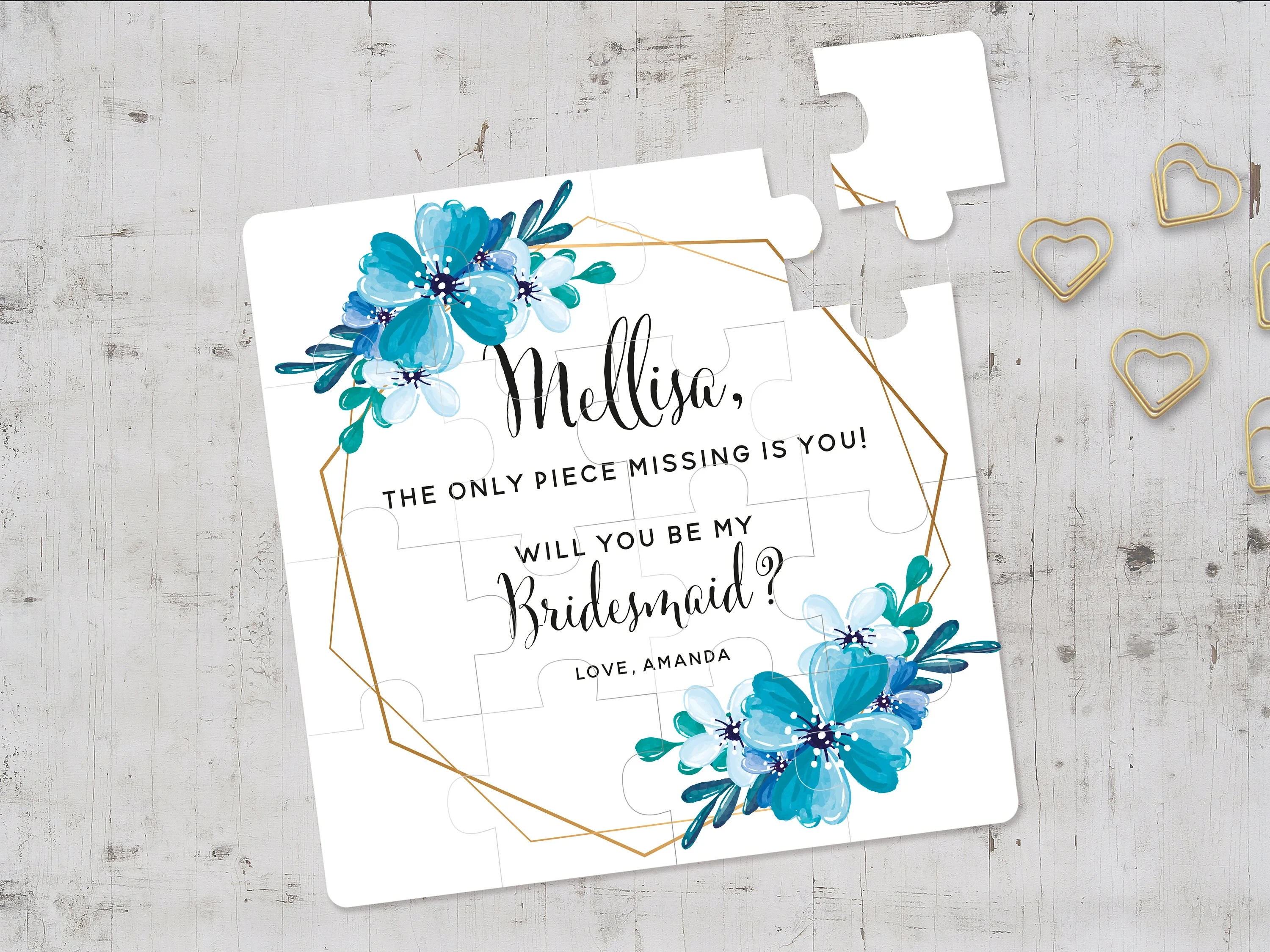 

Персонализированные головоломки 16*16 см, красивые пазлы на заказ, головоломка с синим цветочным принтом для подружки невесты: персонализированный подарок-приглашение, 3*5 = 15 шт.