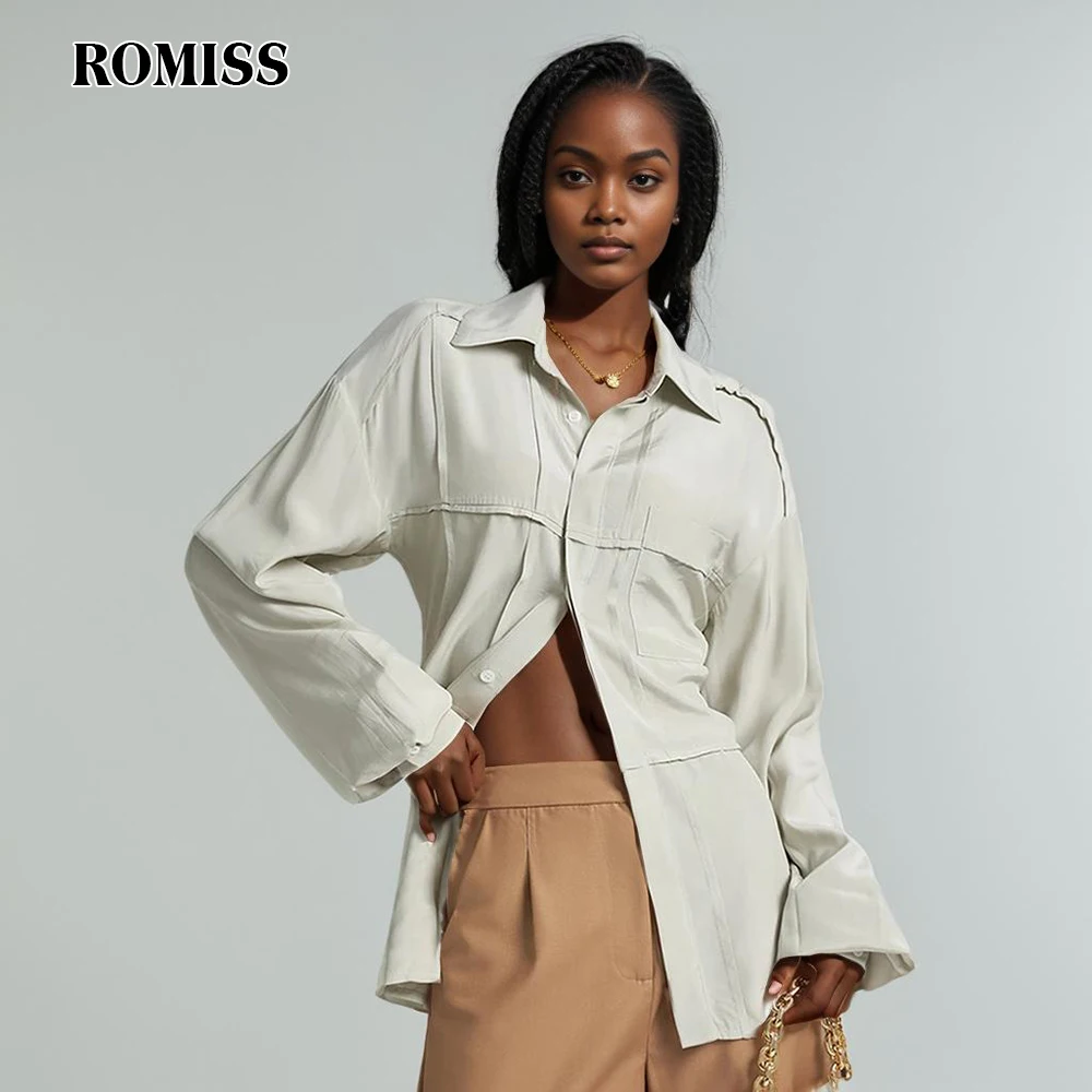 ROMISS Women's Elegant Shirt Lapel Panel Long sleeved Solid Color Casual Loose Women's 2024 Autumn Fashion New Style