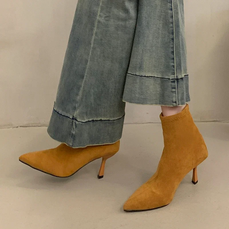 Comemore الخريف أشار تو الجلد المدبوغ النساء حذاء من الجلد مثير رقيقة عالية الكعب الزفاف أحذية الحفلات السيدات أنيقة تمتد الجوارب القصيرة